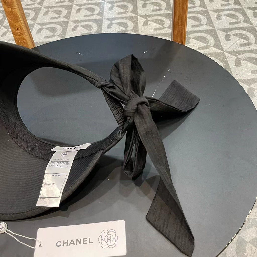 Chanel Bow Organza Open Visor Black Straw Hat 197911