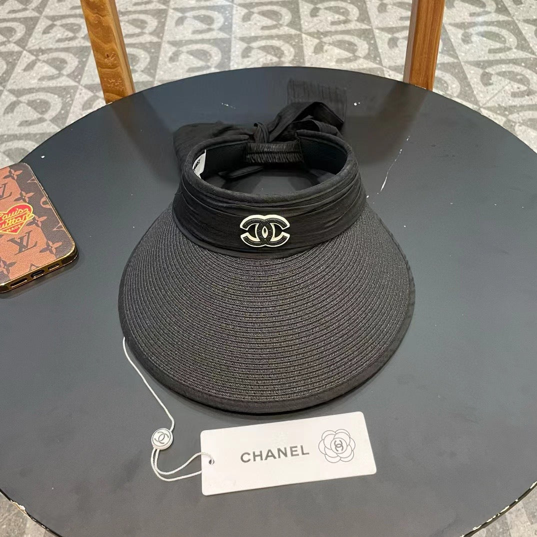 Chanel Bow Organza Open Visor Black Straw Hat 197911