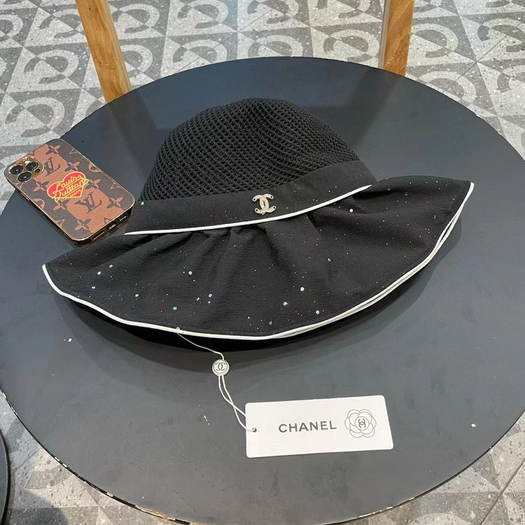 Chanel Wide-brimmed Bow Sun Hat Black in Fabric Patchwork Mesh 197786