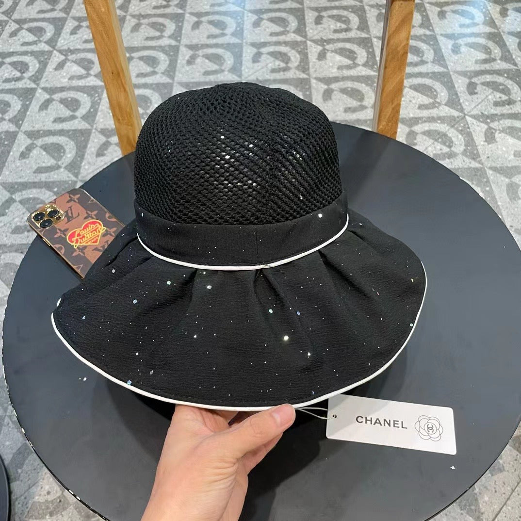 Chanel Wide-brimmed Bow Sun Hat Black in Fabric Patchwork Mesh 197786