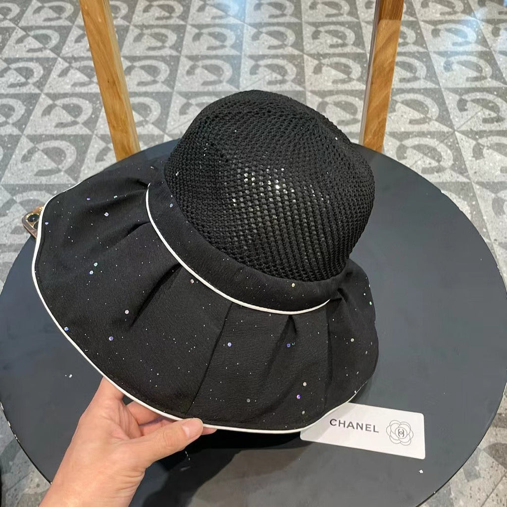 Chanel Wide-brimmed Bow Sun Hat Black in Fabric Patchwork Mesh 197786