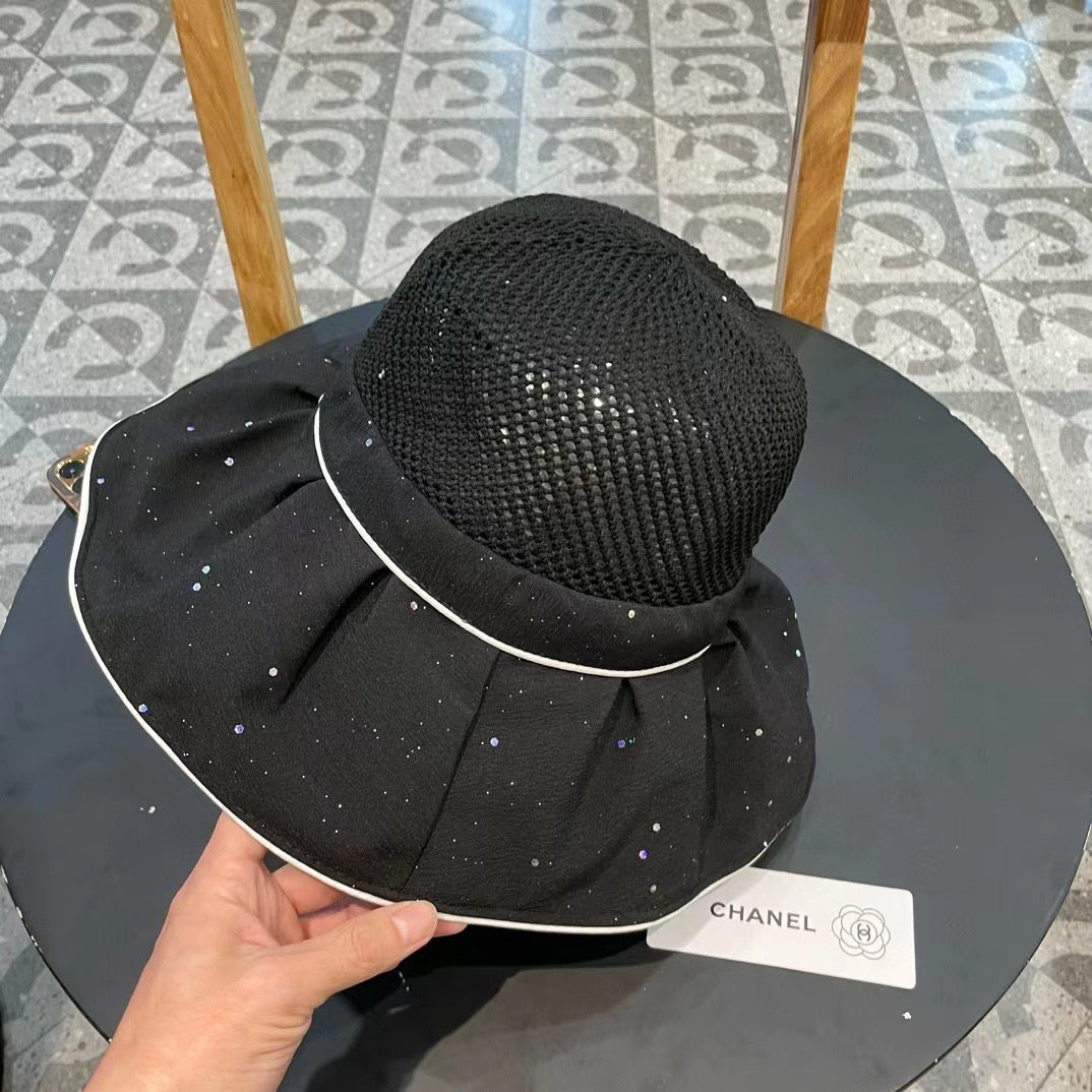 Chanel Wide-brimmed Bow Sun Hat Black in Fabric Patchwork Mesh 197786