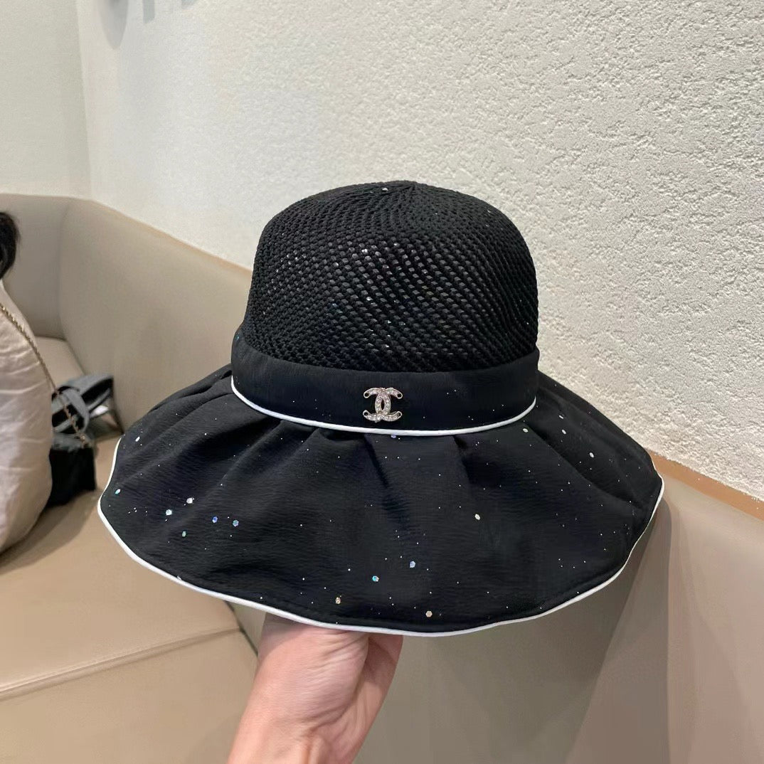Chanel Wide-brimmed Bow Sun Hat Black in Fabric Patchwork Mesh 197786