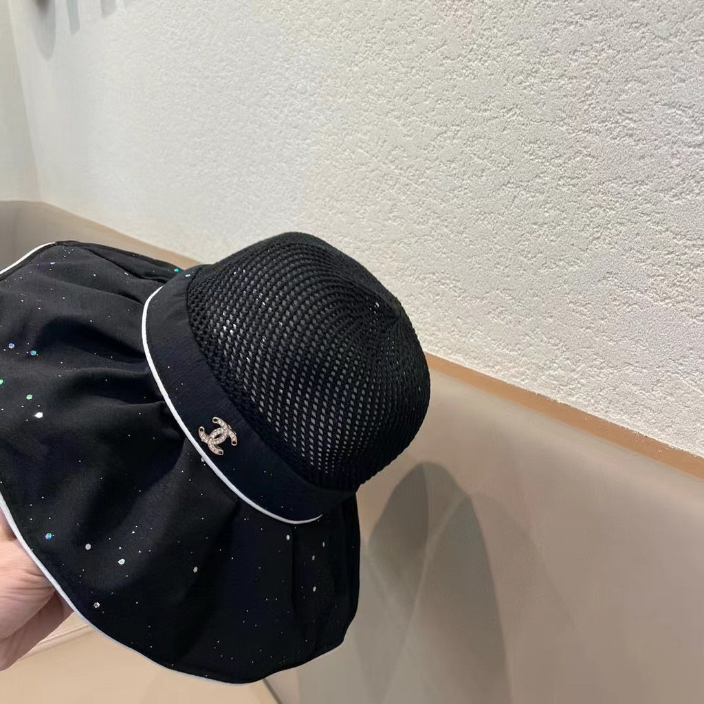 Chanel Wide-brimmed Bow Sun Hat Black in Fabric Patchwork Mesh 197786