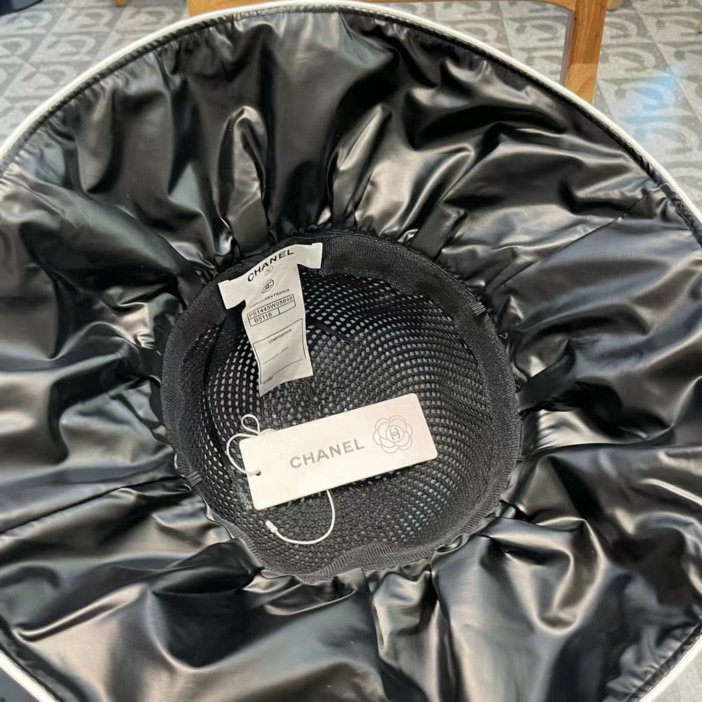 Chanel Wide-brimmed Bow Sun Hat Black in Fabric Patchwork Mesh 197786