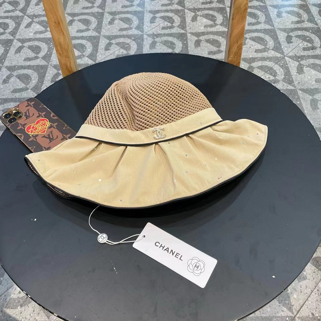 Chanel Wide-brimmed Bow Sun Hat Beige in Fabric Patchwork Mesh 197785