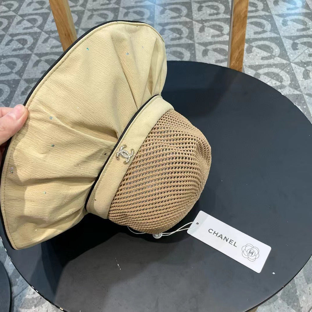 Chanel Wide-brimmed Bow Sun Hat Beige in Fabric Patchwork Mesh 197785