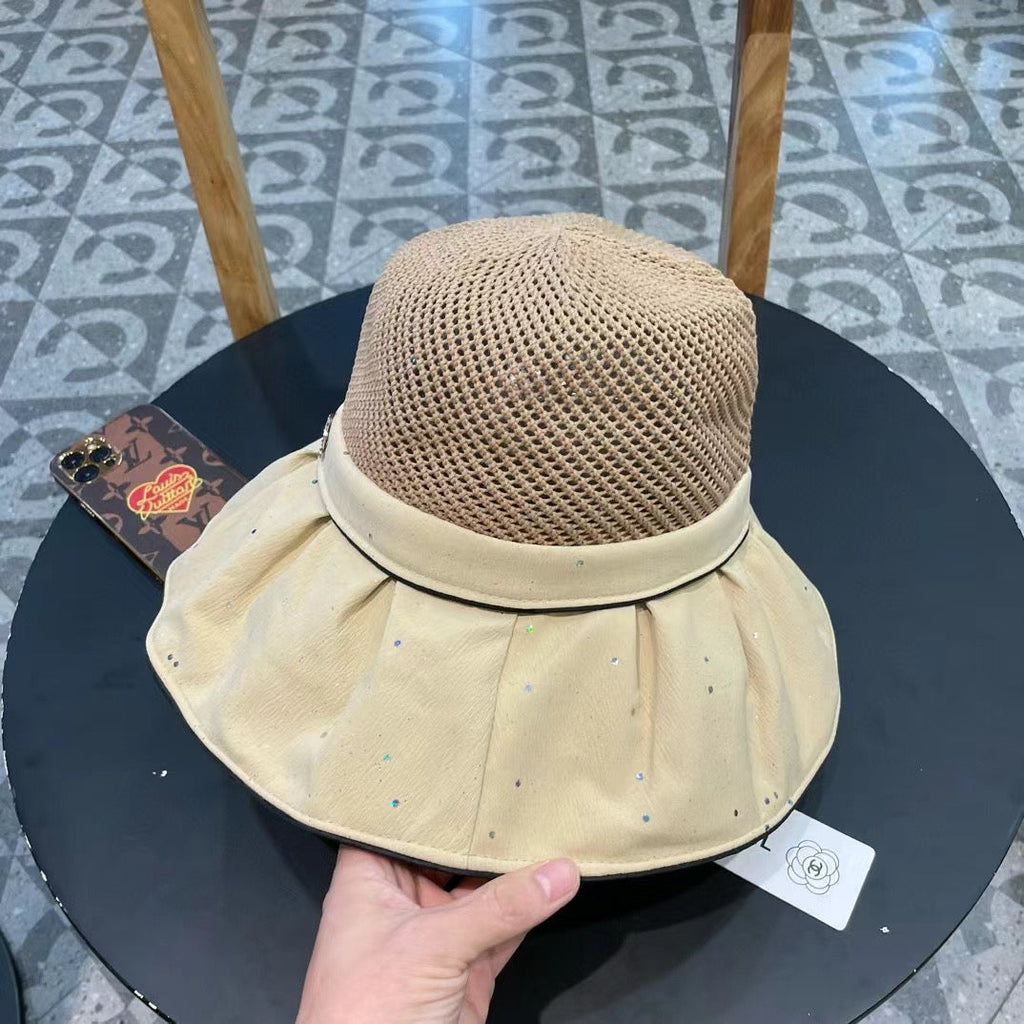 Chanel Wide-brimmed Bow Sun Hat Beige in Fabric Patchwork Mesh 197785