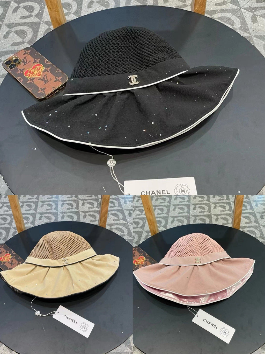 Chanel Wide-brimmed Bow Sun Hat Beige in Fabric Patchwork Mesh 197785