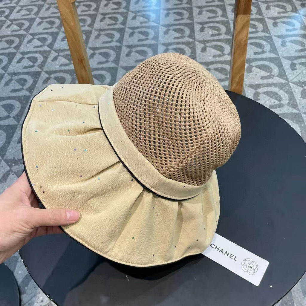 Chanel Wide-brimmed Bow Sun Hat Beige in Fabric Patchwork Mesh 197785