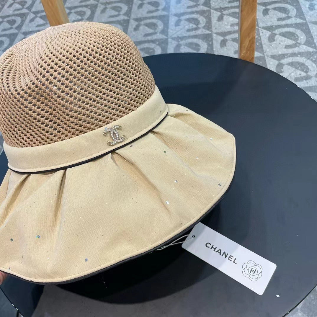 Chanel Wide-brimmed Bow Sun Hat Beige in Fabric Patchwork Mesh 197785