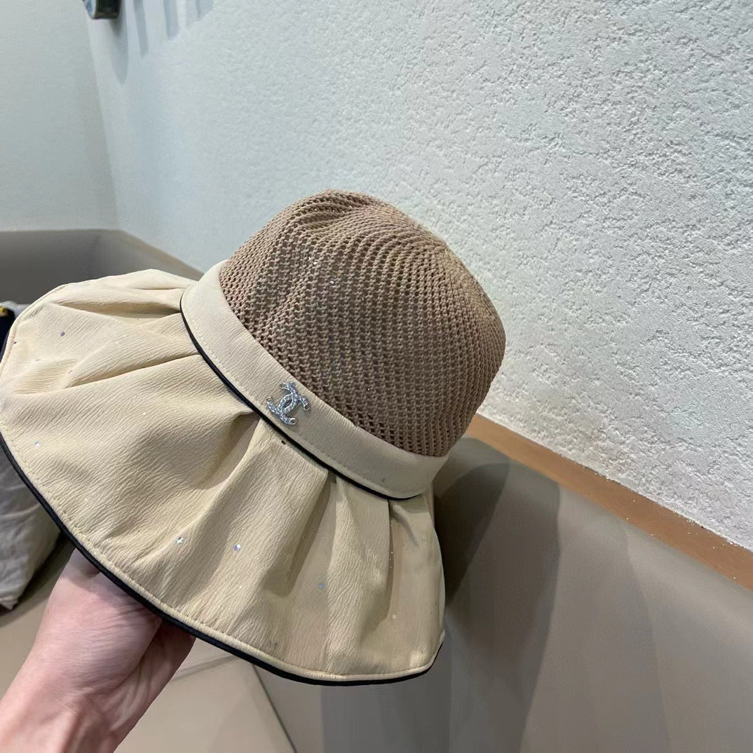 Chanel Wide-brimmed Bow Sun Hat Beige in Fabric Patchwork Mesh 197785