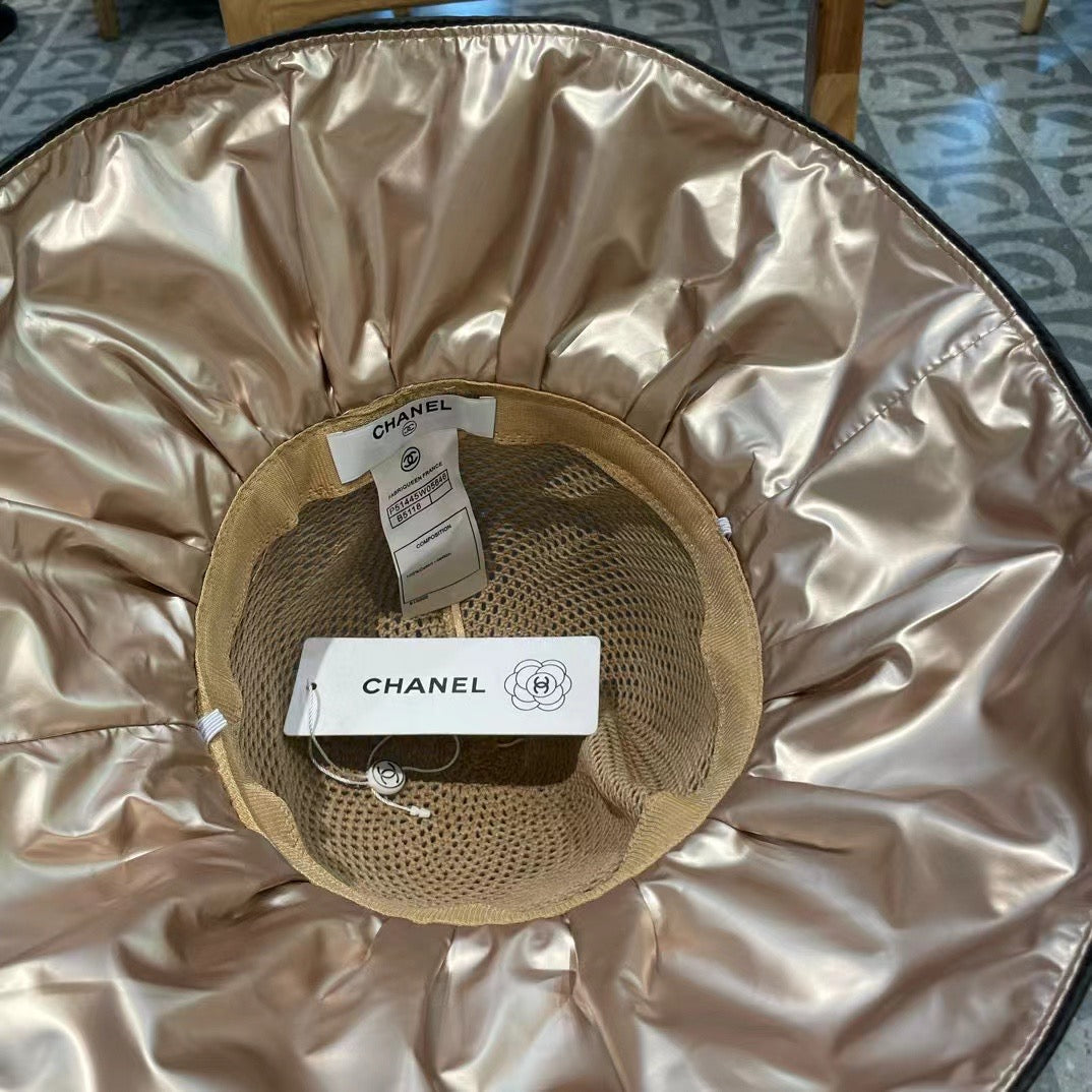 Chanel Wide-brimmed Bow Sun Hat Beige in Fabric Patchwork Mesh 197785