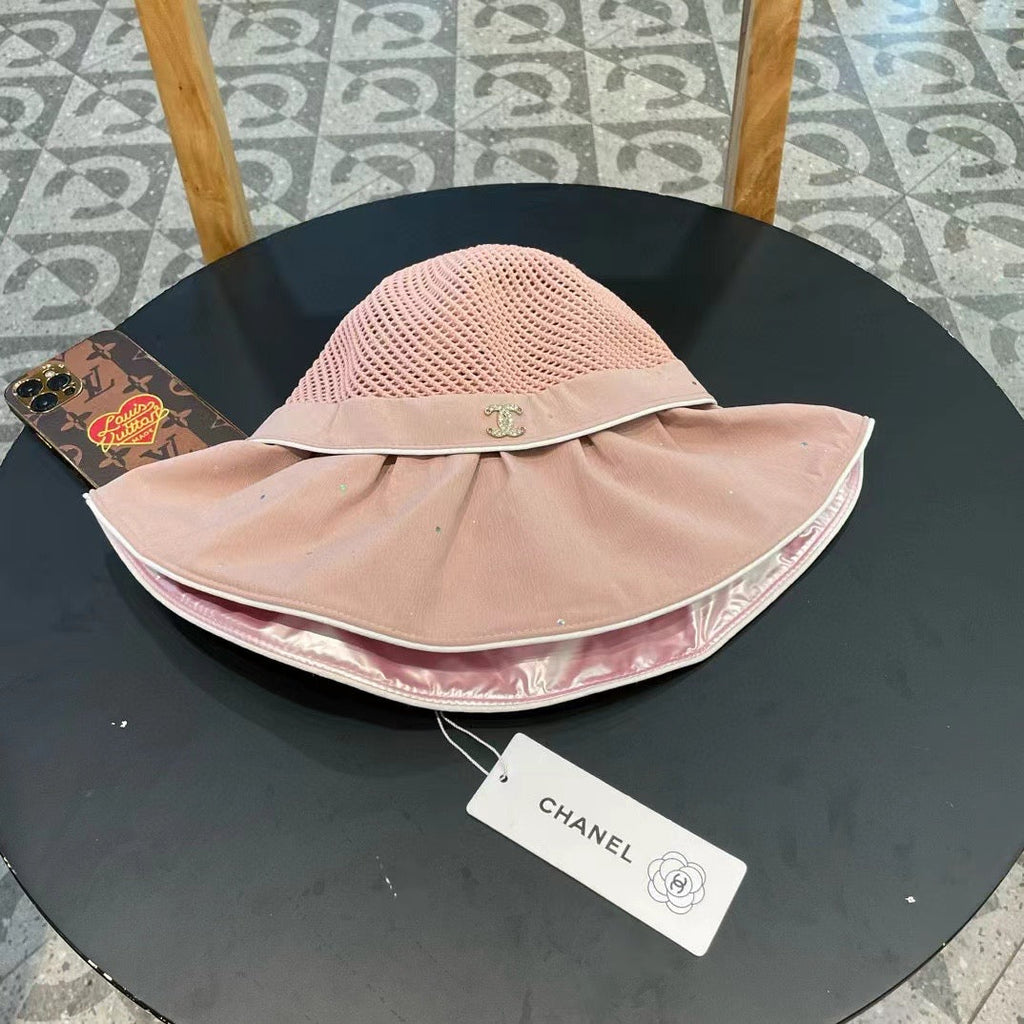 Chanel Wide-brimmed Bow Sun Hat Pink in Fabric Patchwork Mesh 197784