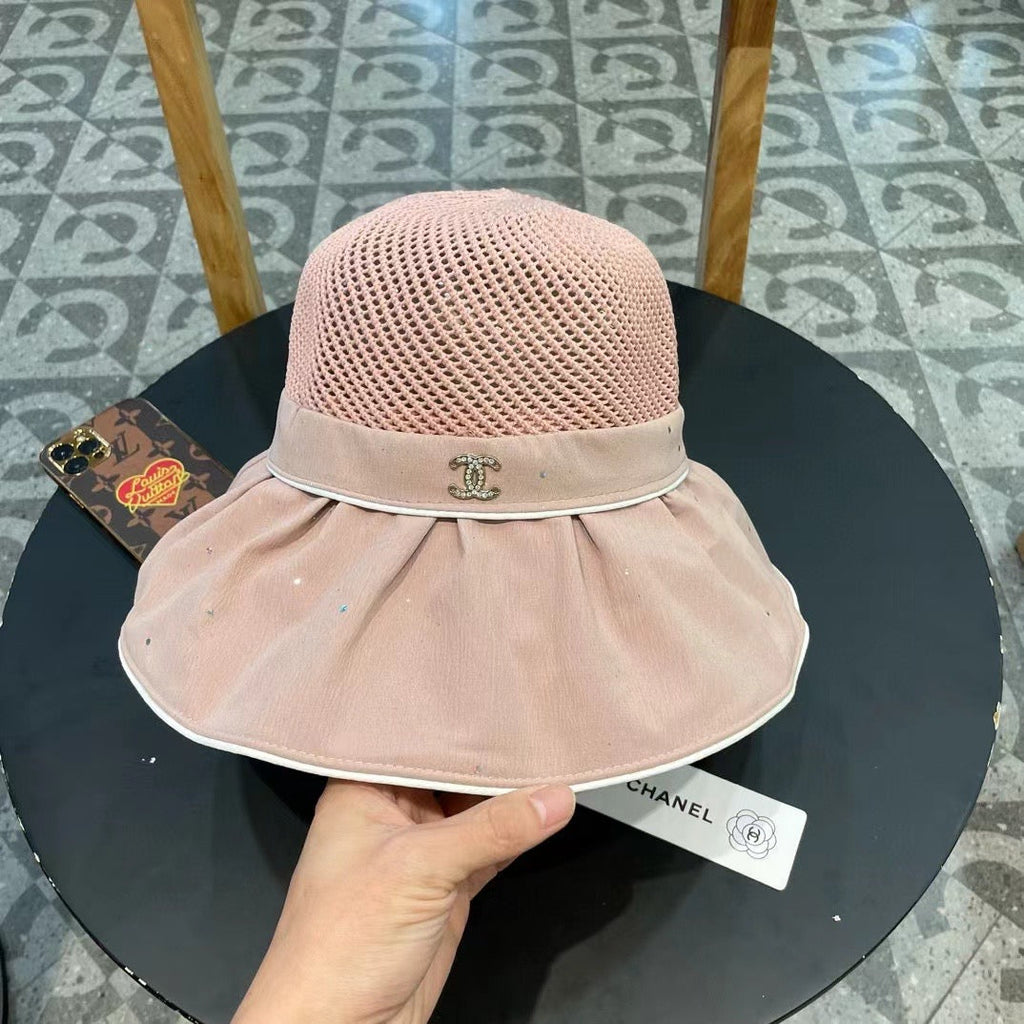 Chanel Wide-brimmed Bow Sun Hat Pink in Fabric Patchwork Mesh 197784