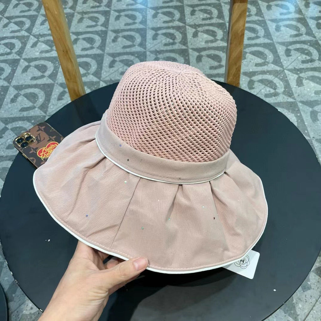 Chanel Wide-brimmed Bow Sun Hat Pink in Fabric Patchwork Mesh 197784