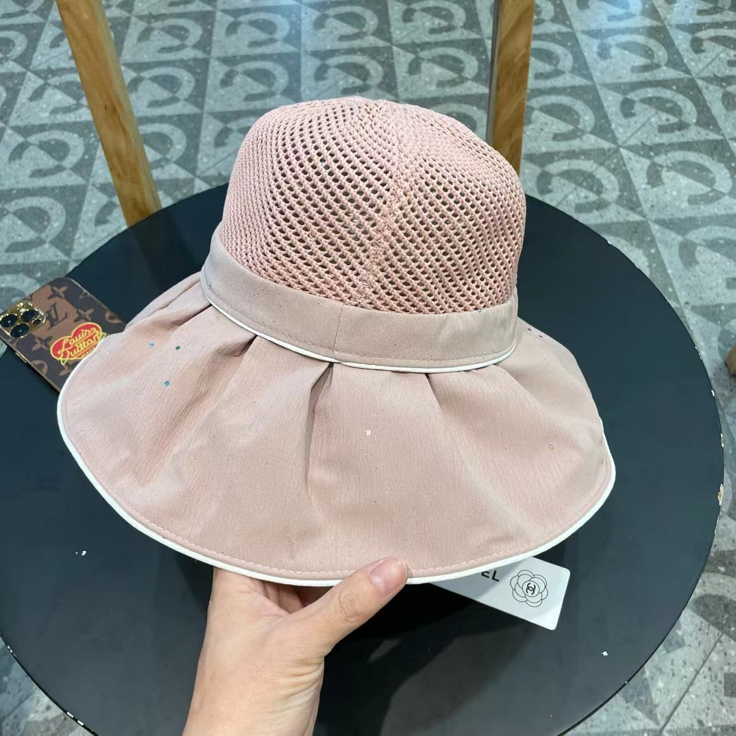 Chanel Wide-brimmed Bow Sun Hat Pink in Fabric Patchwork Mesh 197784