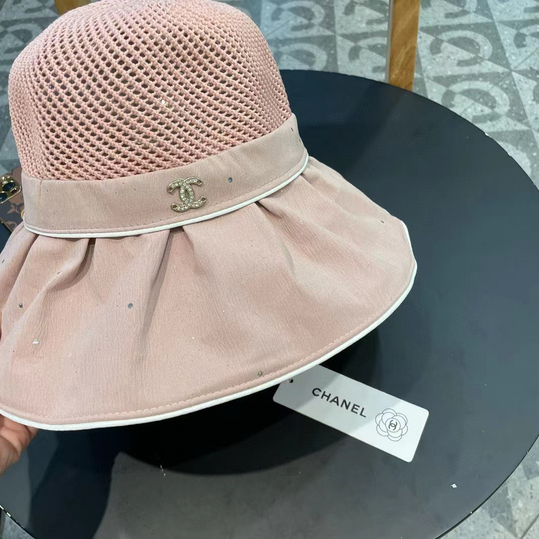 Chanel Wide-brimmed Bow Sun Hat Pink in Fabric Patchwork Mesh 197784