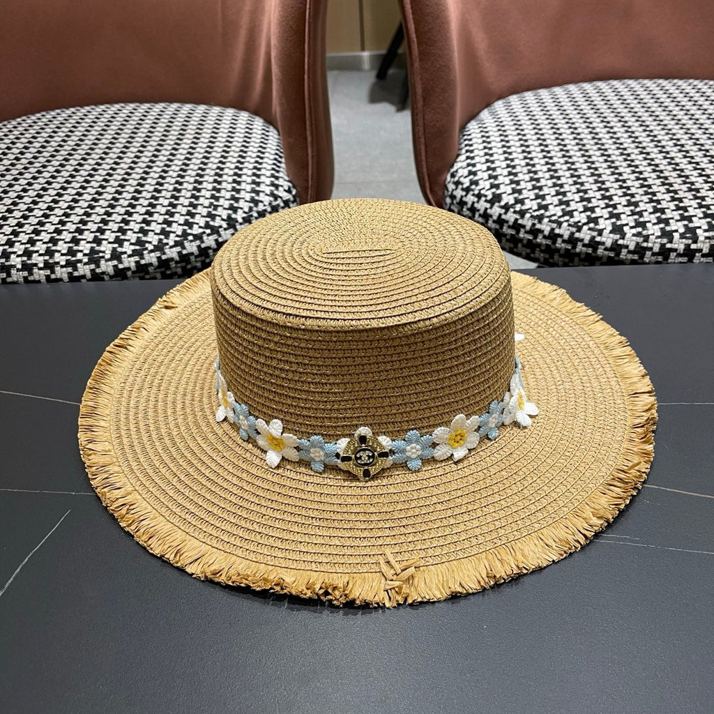 Chanel Beach Sun Hat Blue and White Floral Camel in Straw 197496