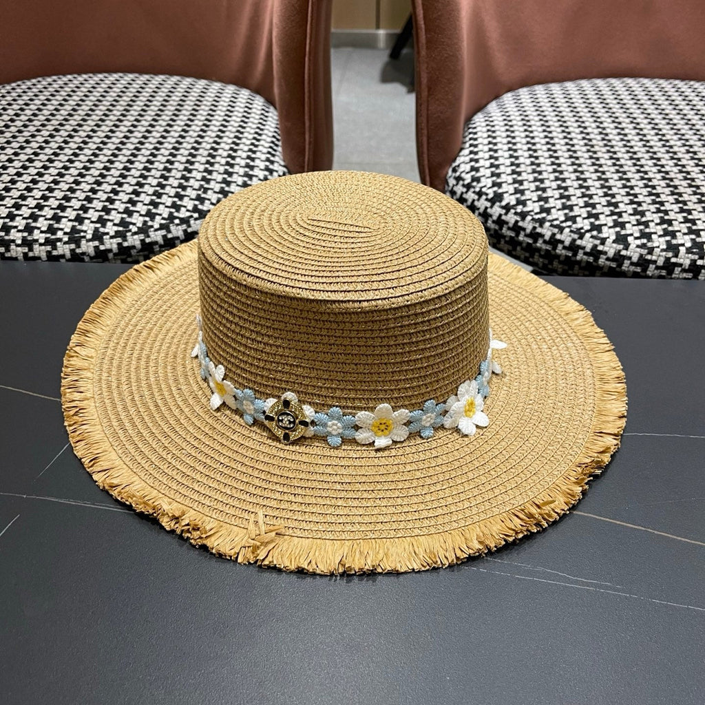 Chanel Beach Sun Hat Blue and White Floral Camel in Straw 197496