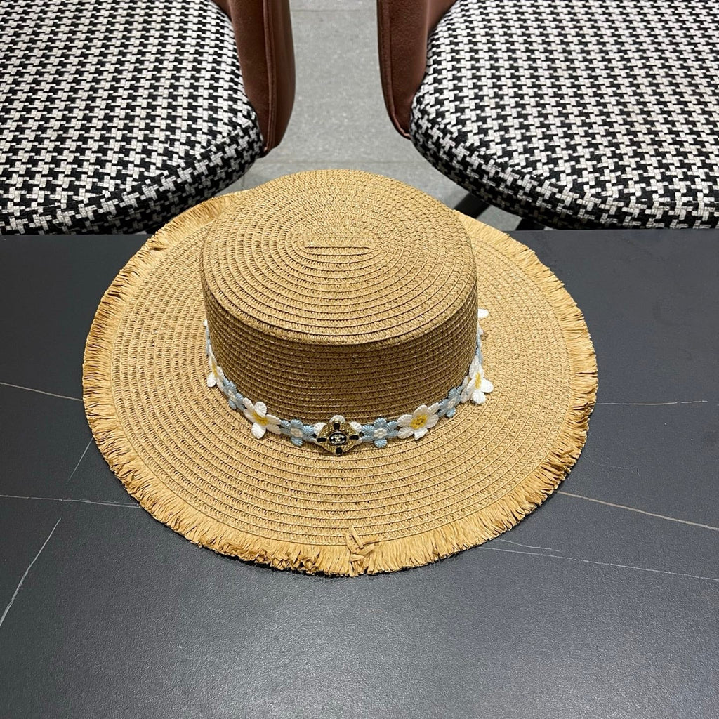 Chanel Beach Sun Hat Blue and White Floral Camel in Straw 197496