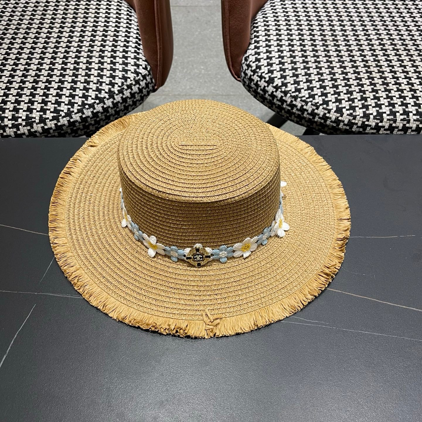 Chanel Beach Sun Hat Blue and White Floral Camel in Straw 197496