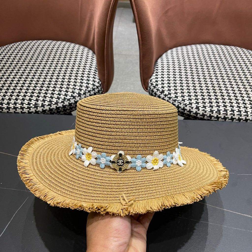 Chanel Beach Sun Hat Blue and White Floral Camel in Straw 197496