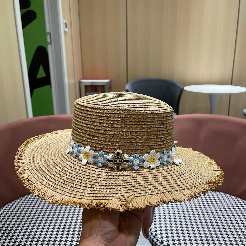Chanel Beach Sun Hat Blue and White Floral Camel in Straw 197496