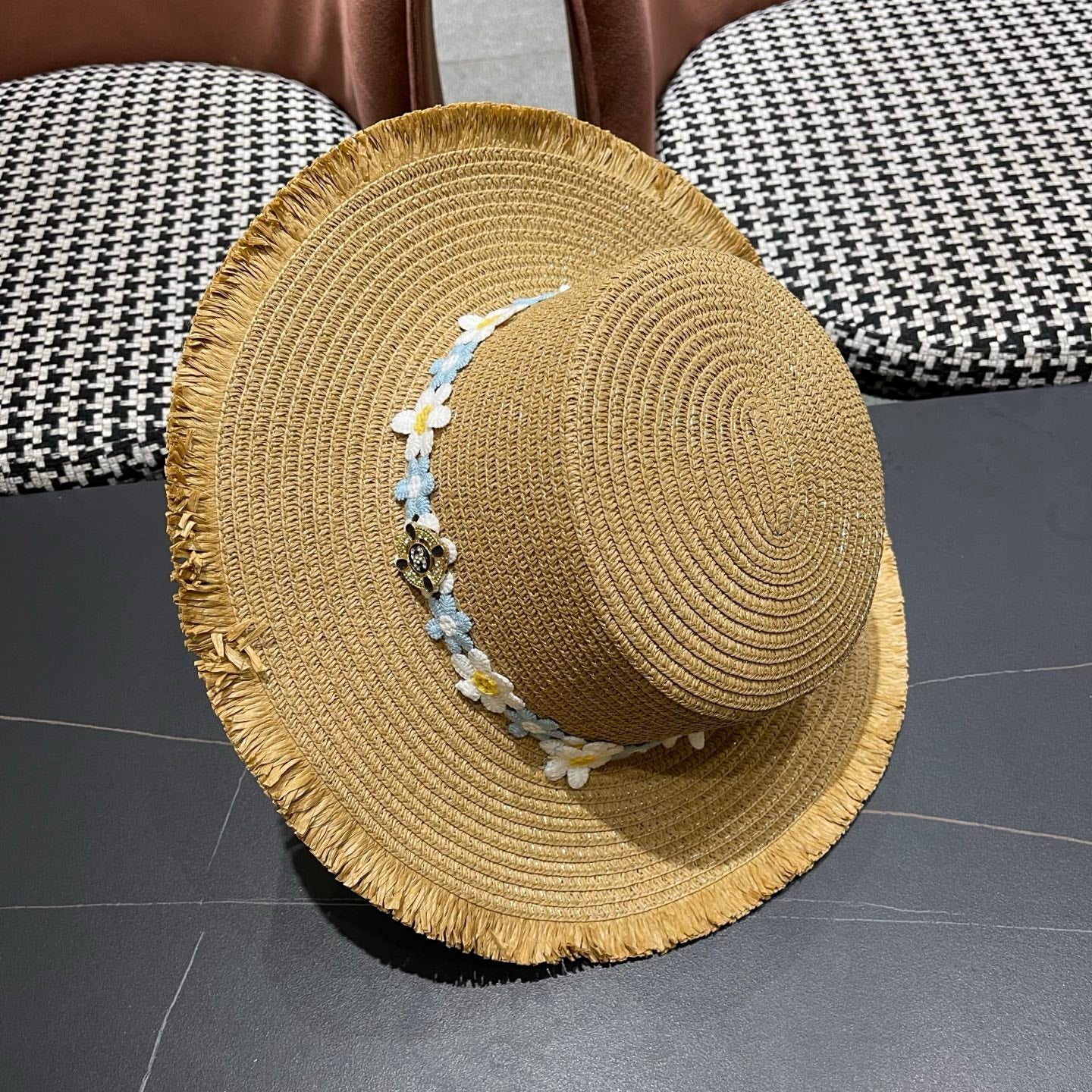 Chanel Beach Sun Hat Blue and White Floral Camel in Straw 197496