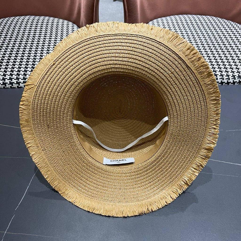 Chanel Beach Sun Hat Blue and White Floral Camel in Straw 197496