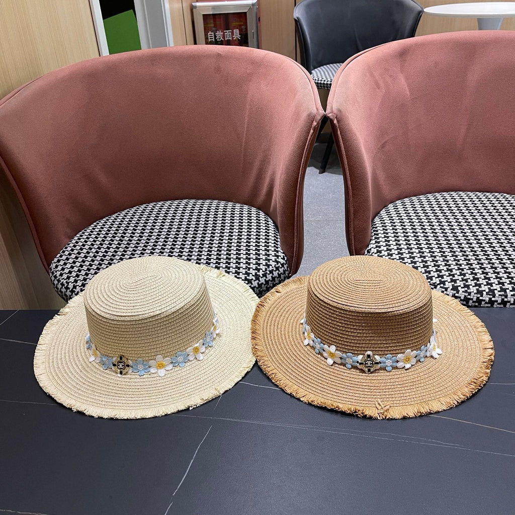 Chanel Beach Sun Hat Blue and White Floral Camel in Straw 197496