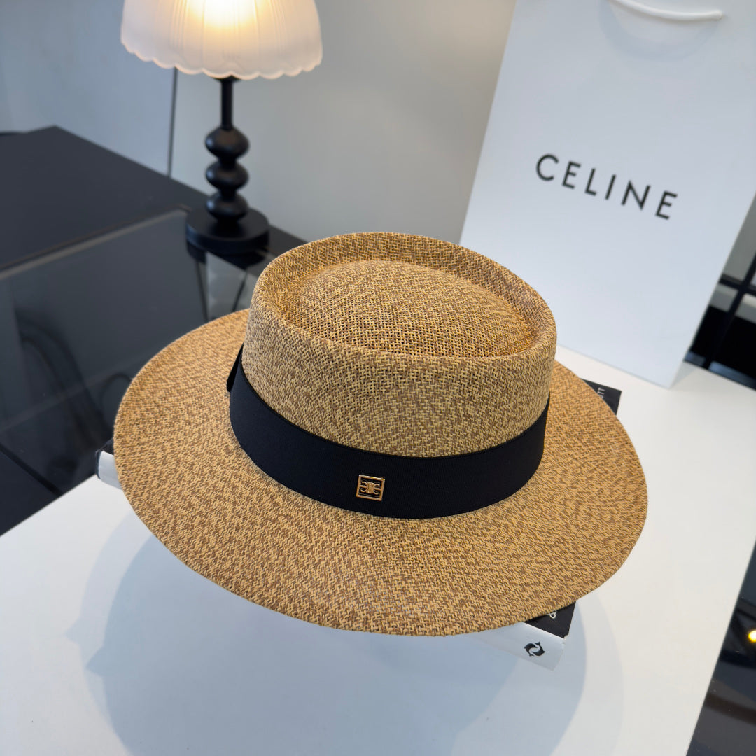 Celine Fedora Hat Camel Black in PP straw 197596