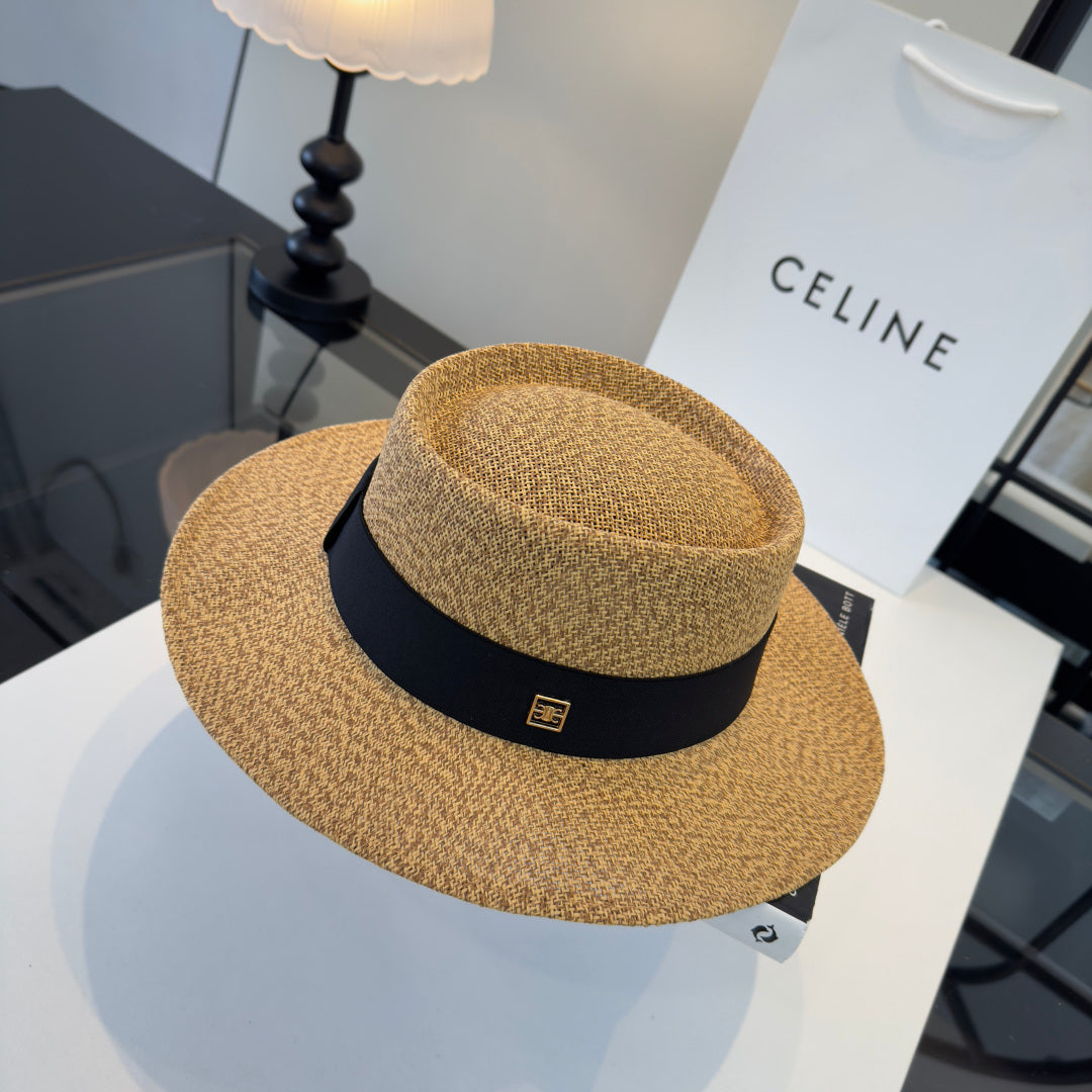 Celine Fedora Hat Camel Black in PP straw 197596