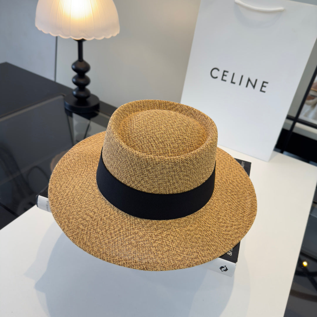 Celine Fedora Hat Camel Black in PP straw 197596