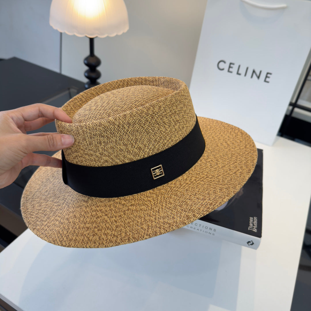 Celine Fedora Hat Camel Black in PP straw 197596