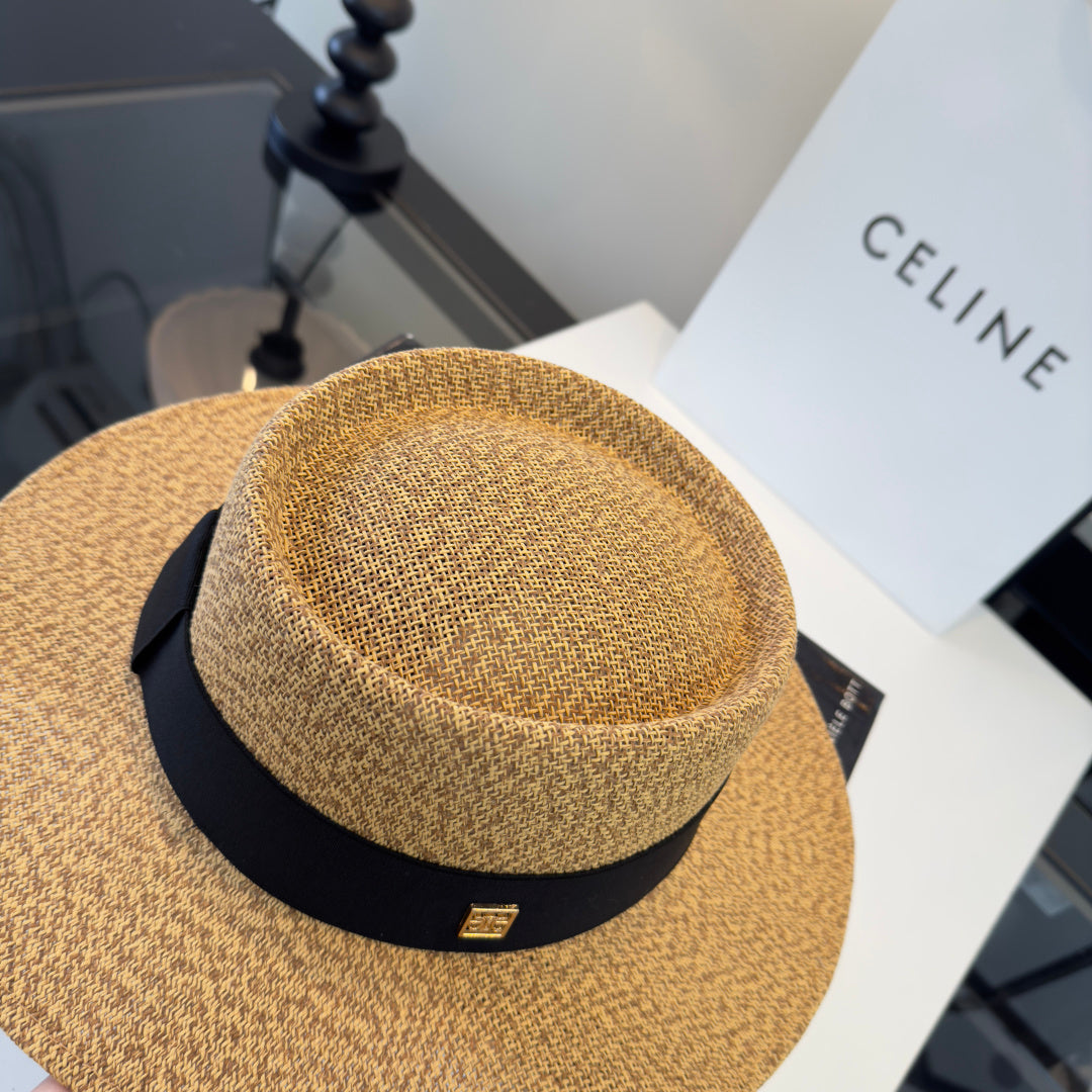 Celine Fedora Hat Camel Black in PP straw 197596