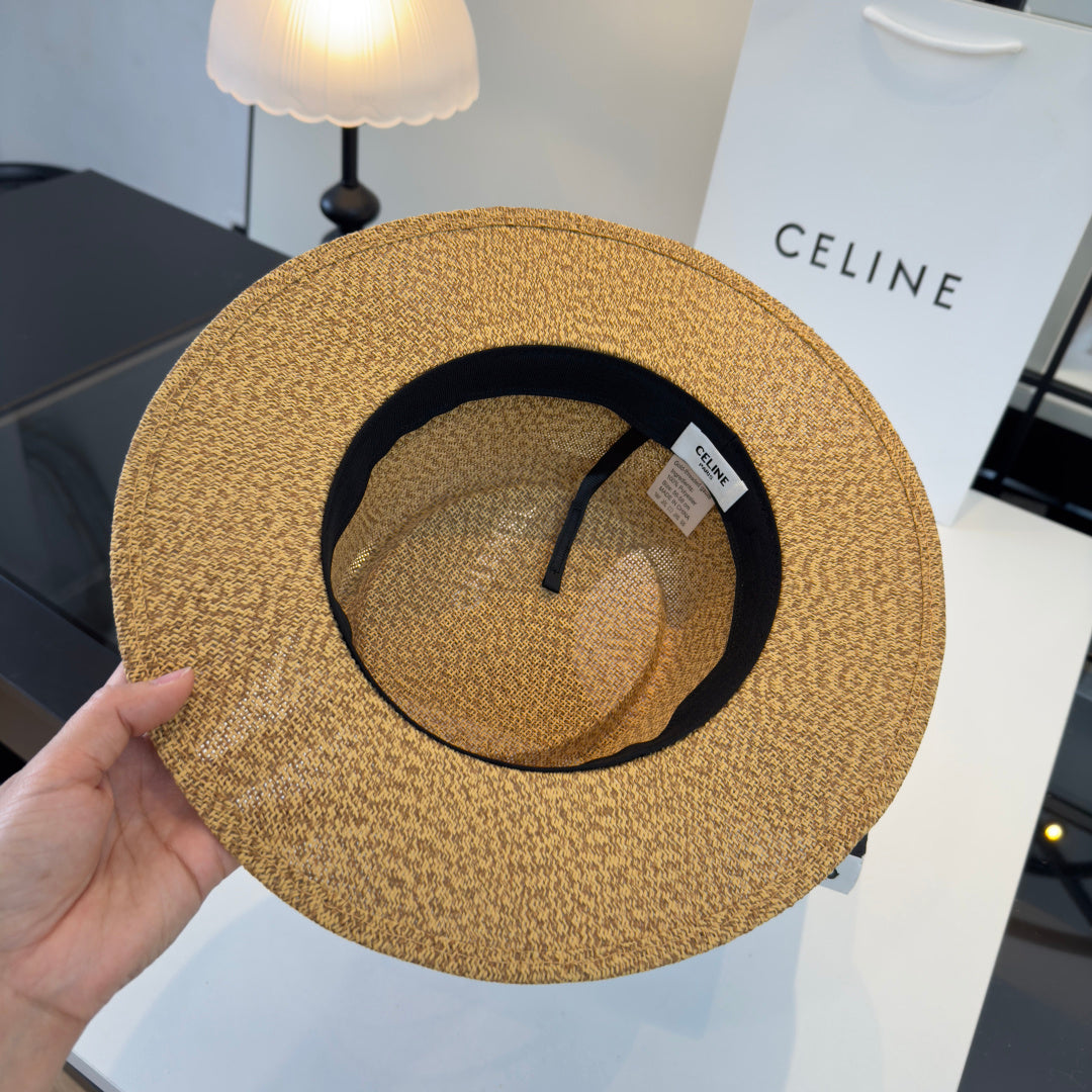 Celine Fedora Hat Camel Black in PP straw 197596