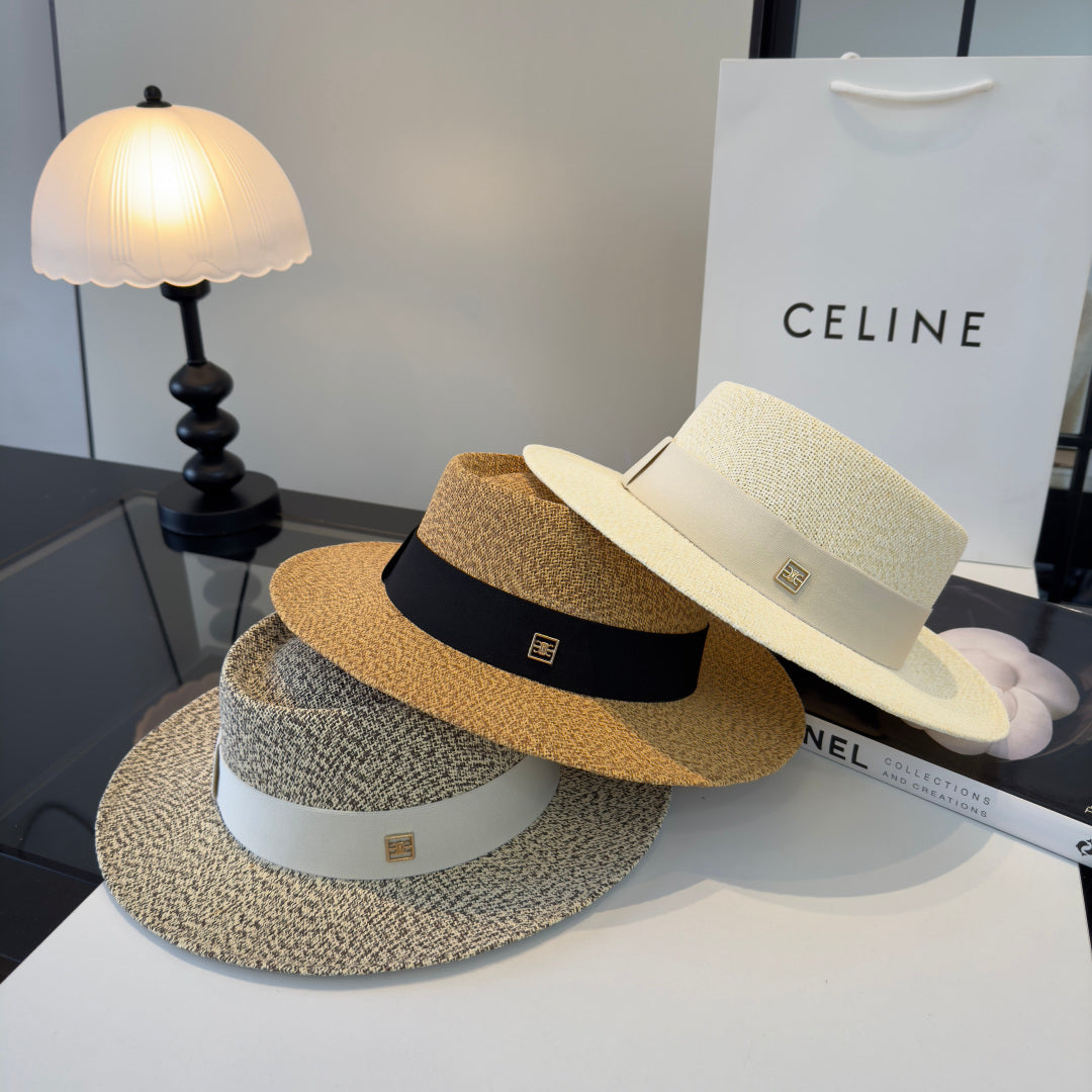 Celine Fedora Hat Camel Black in PP straw 197596