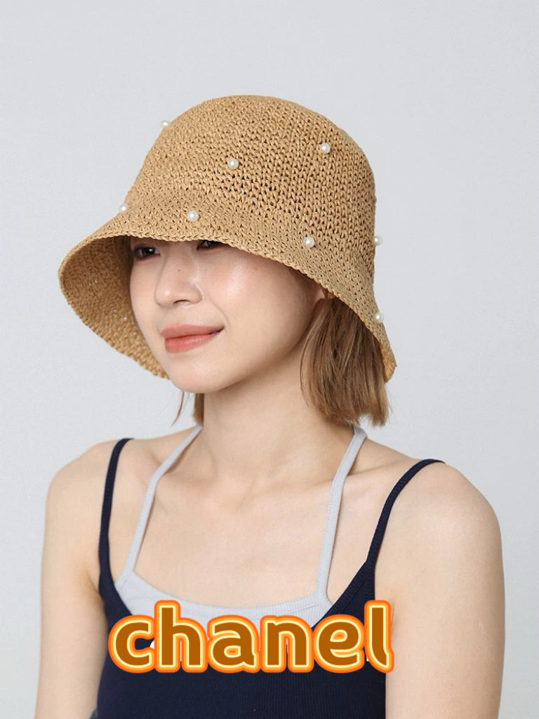Chanel vintage Hat Pearl embellishments Camel in Straw 201640