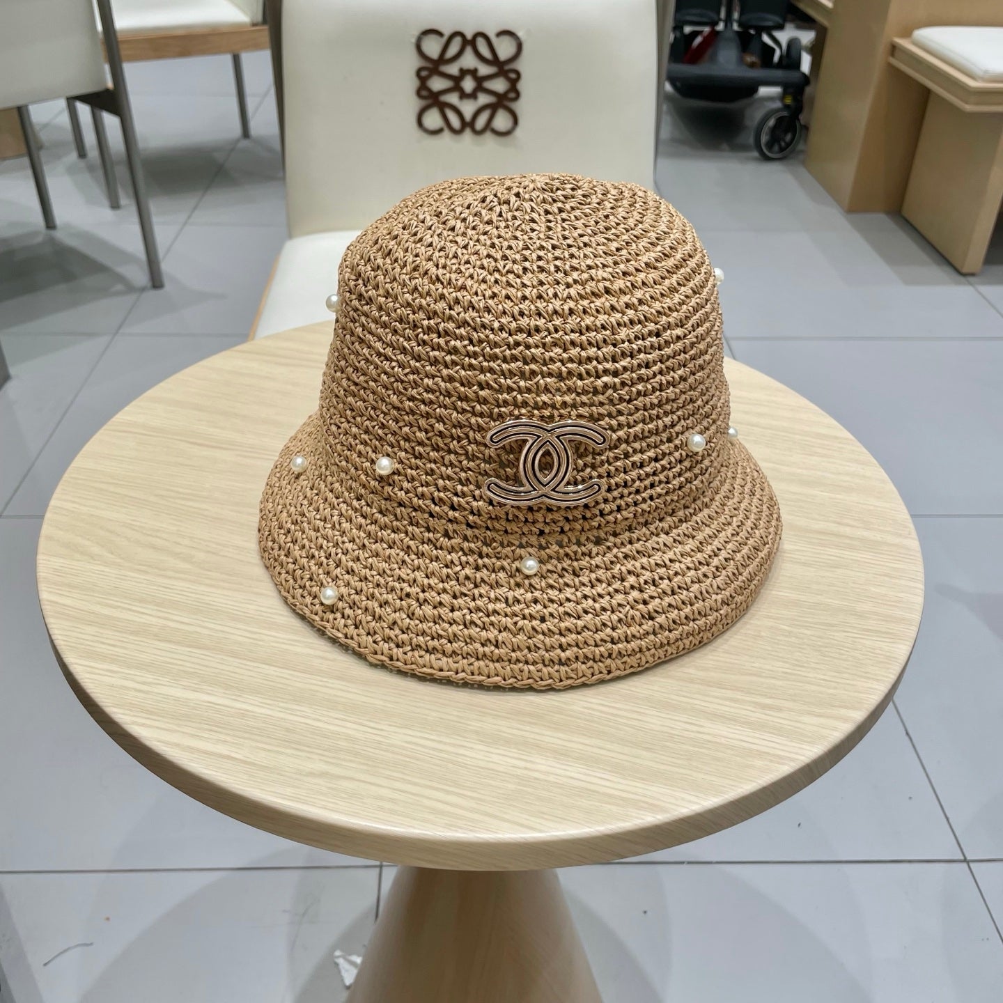 Chanel vintage Hat Pearl embellishments Camel in Straw 201640