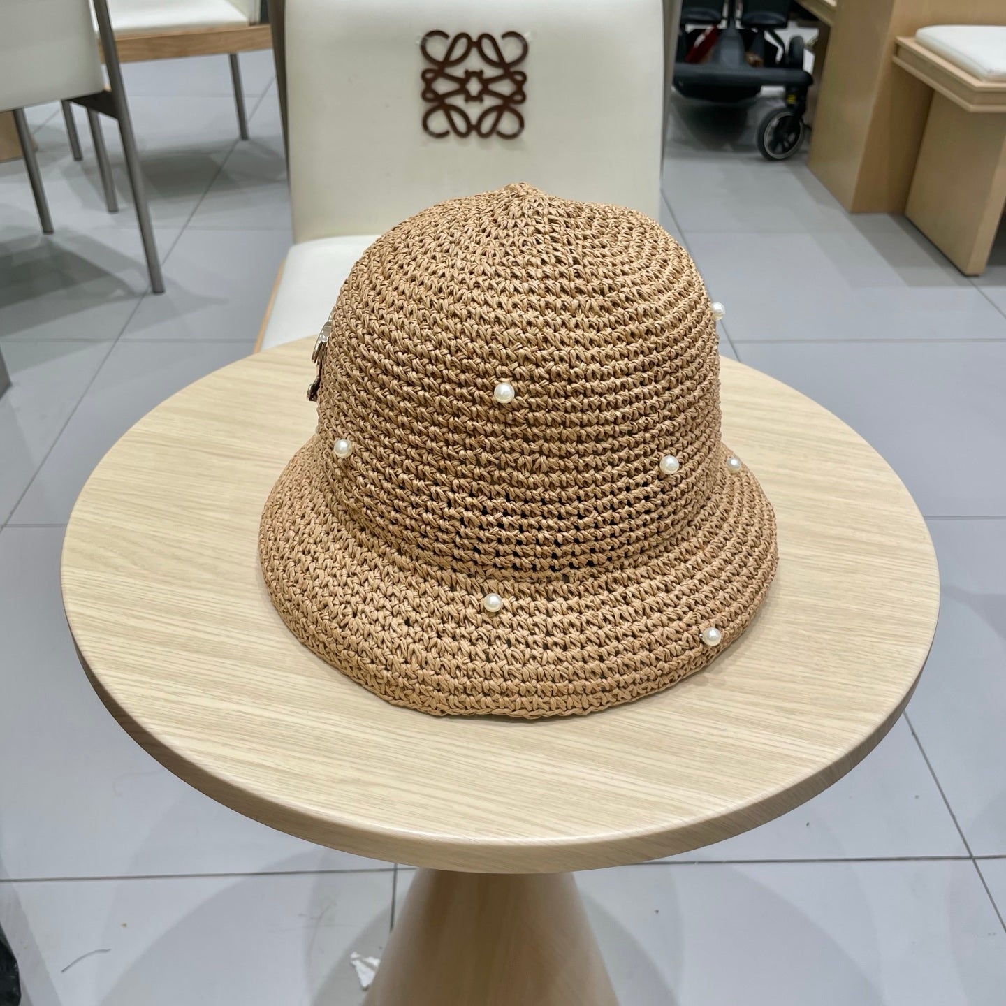Chanel vintage Hat Pearl embellishments Camel in Straw 201640