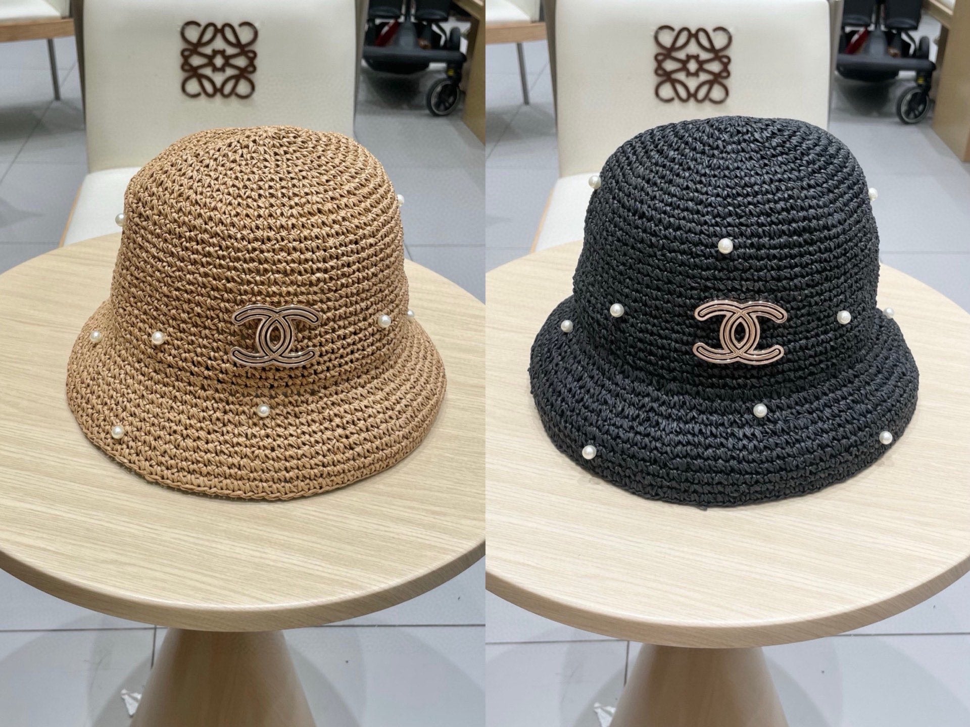 Chanel vintage Hat Pearl embellishments Camel in Straw 201640