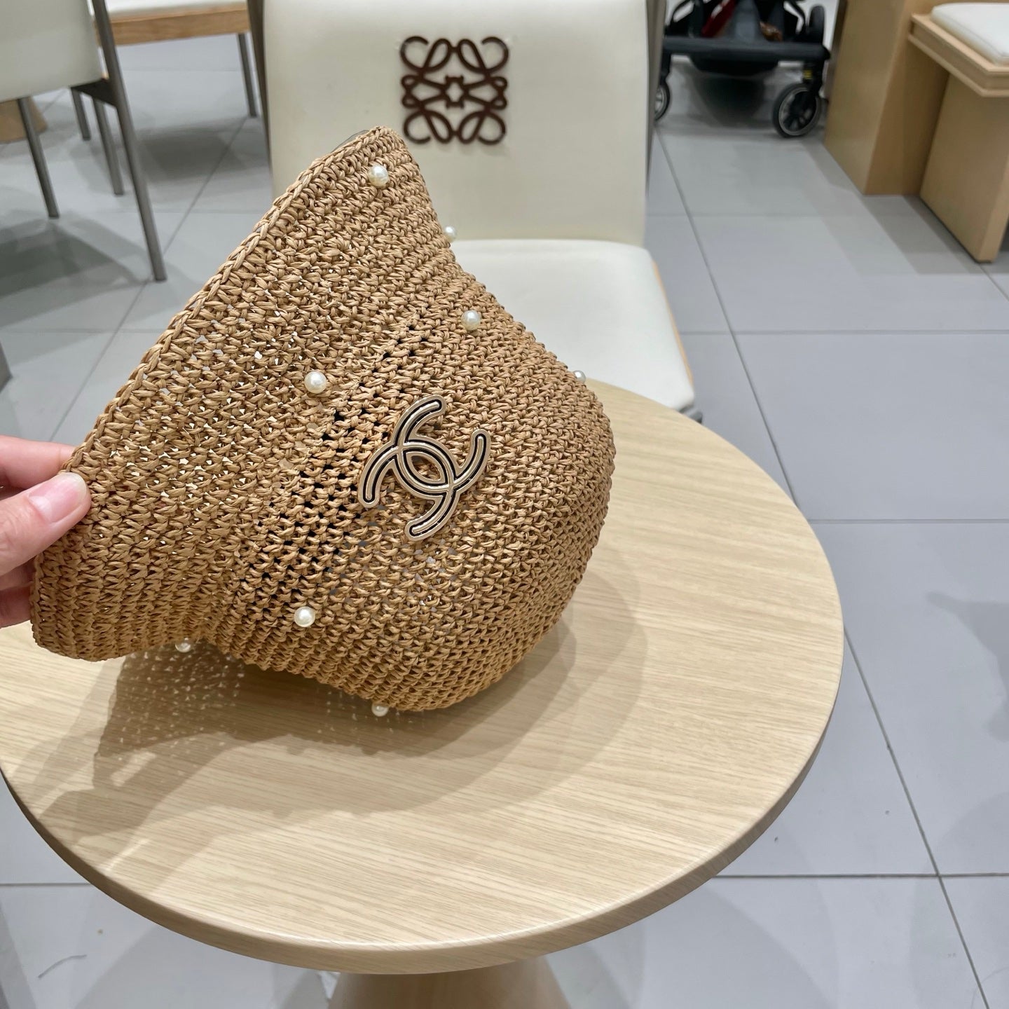 Chanel vintage Hat Pearl embellishments Camel in Straw 201640