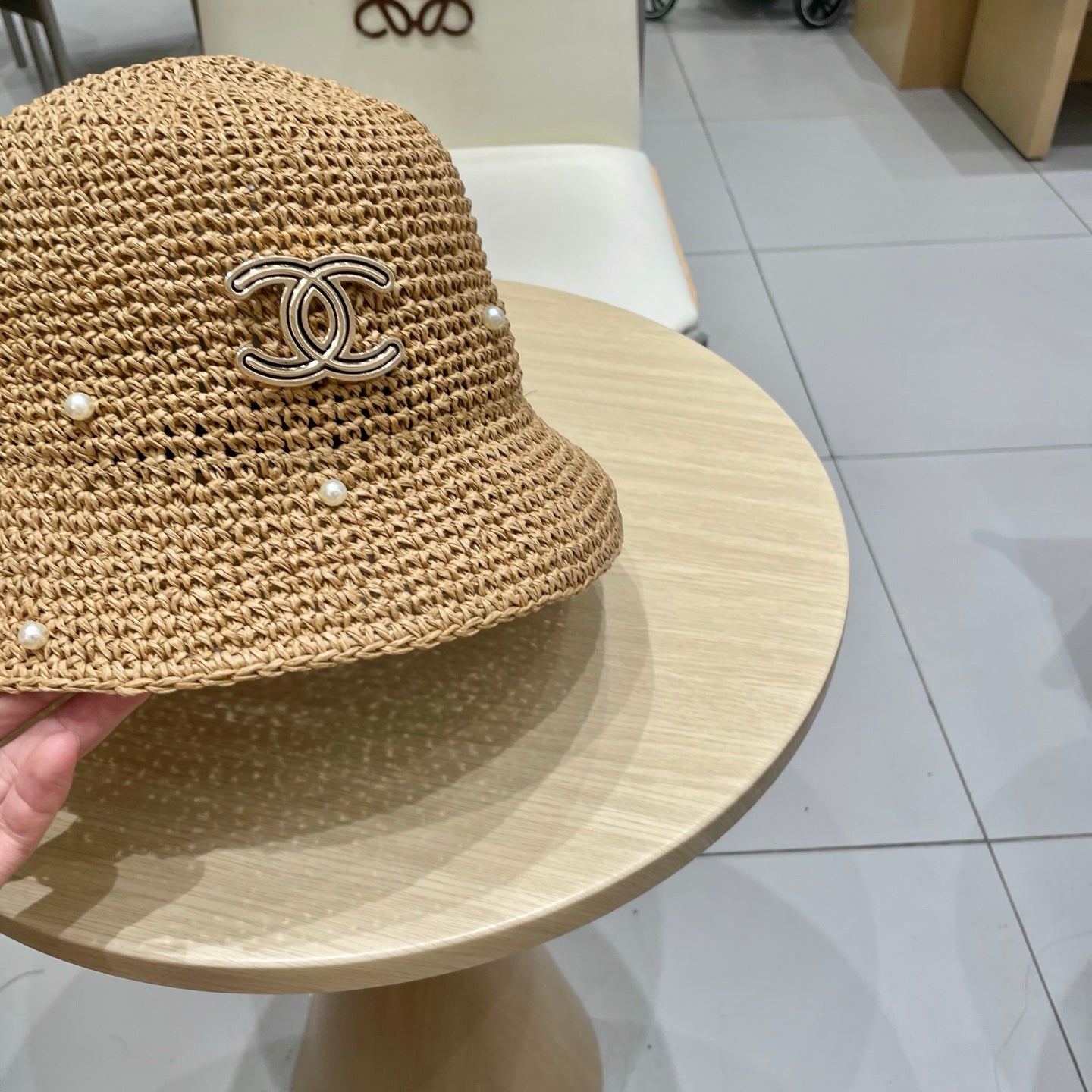 Chanel vintage Hat Pearl embellishments Camel in Straw 201640