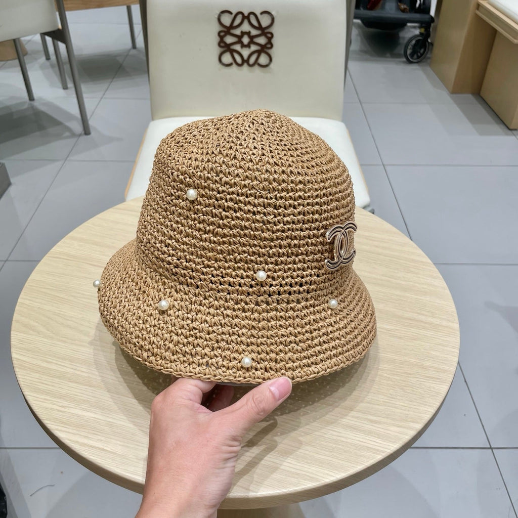 Chanel vintage Hat Pearl embellishments Camel in Straw 201640