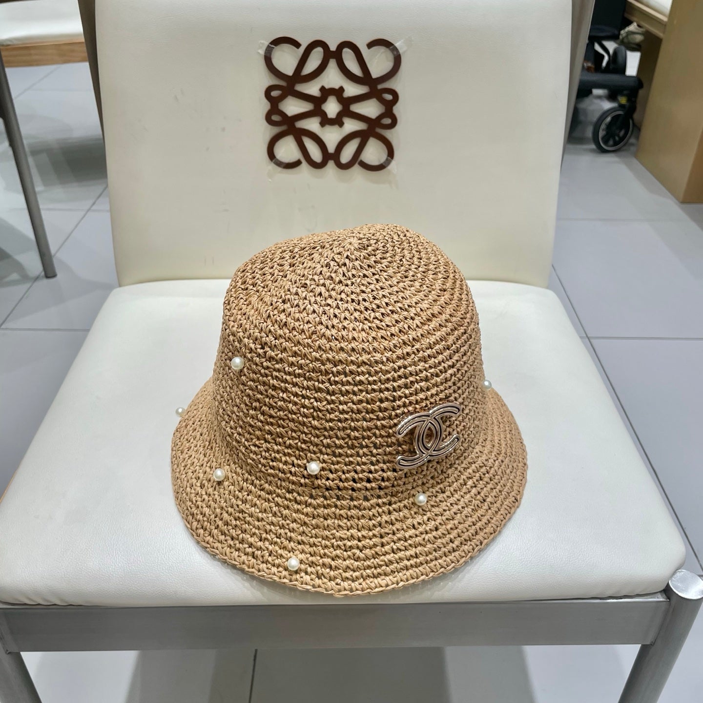 Chanel vintage Hat Pearl embellishments Camel in Straw 201640