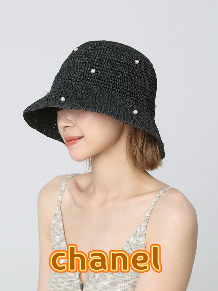Chanel vintage Hat Pearl embellishments Black in Straw 201641