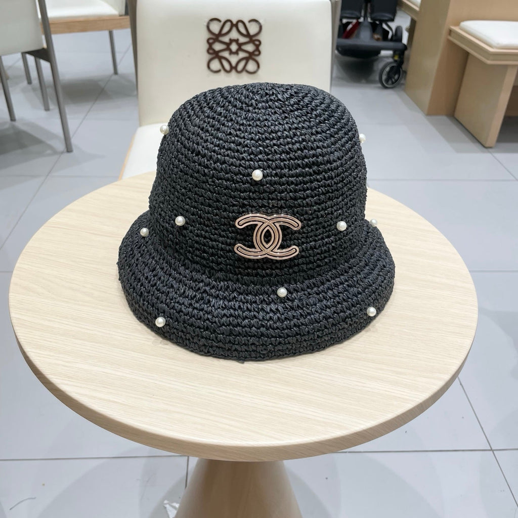 Chanel vintage Hat Pearl embellishments Black in Straw 201641