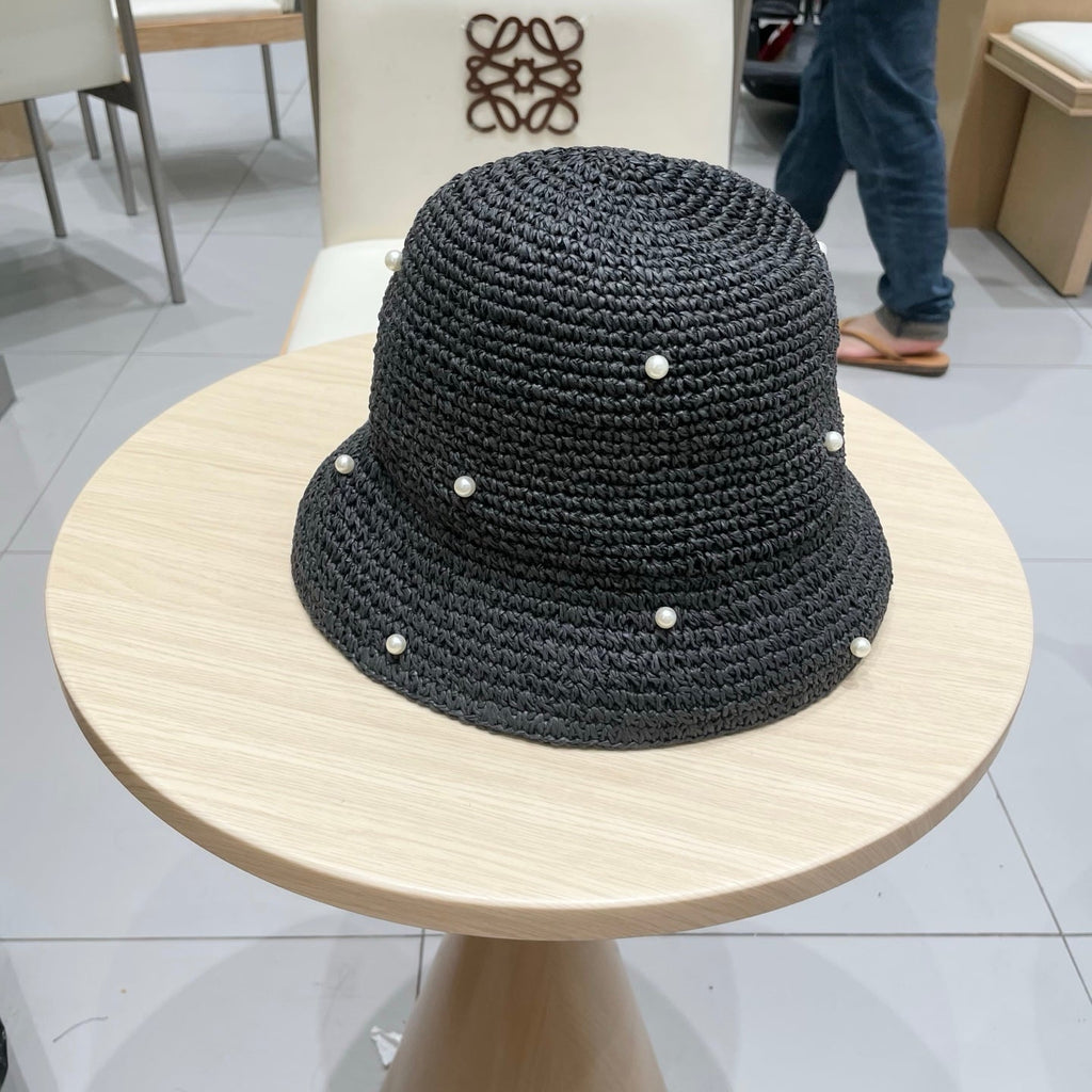 Chanel vintage Hat Pearl embellishments Black in Straw 201641