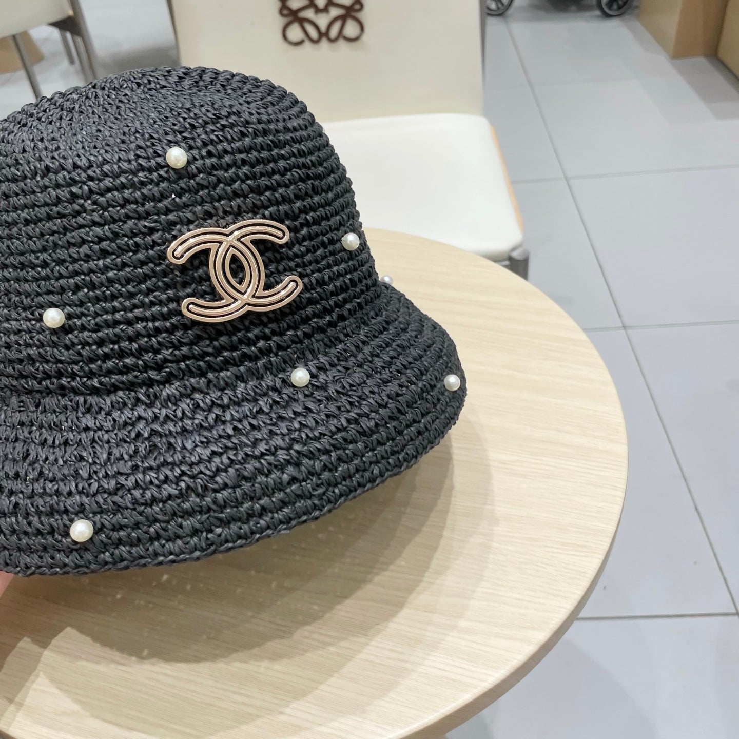 Chanel vintage Hat Pearl embellishments Black in Straw 201641